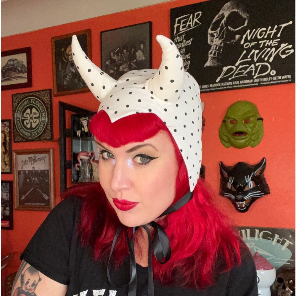 White & black polka dot devil bonnet